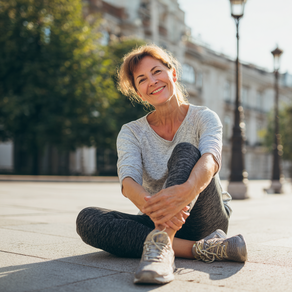 Усміхнена жінка середнього віку європейської зовнішності виконує легкі вправи для суглобів на свіжому повітрі, демонструє гнучкість та здоров'я