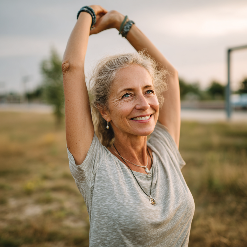 Чоловік та жінка європейської зовнішності 40-50 років з усмішками на обличчях виконують групові вправи для зміцнення опорно-рухового апарату в затишному спортивному залі
