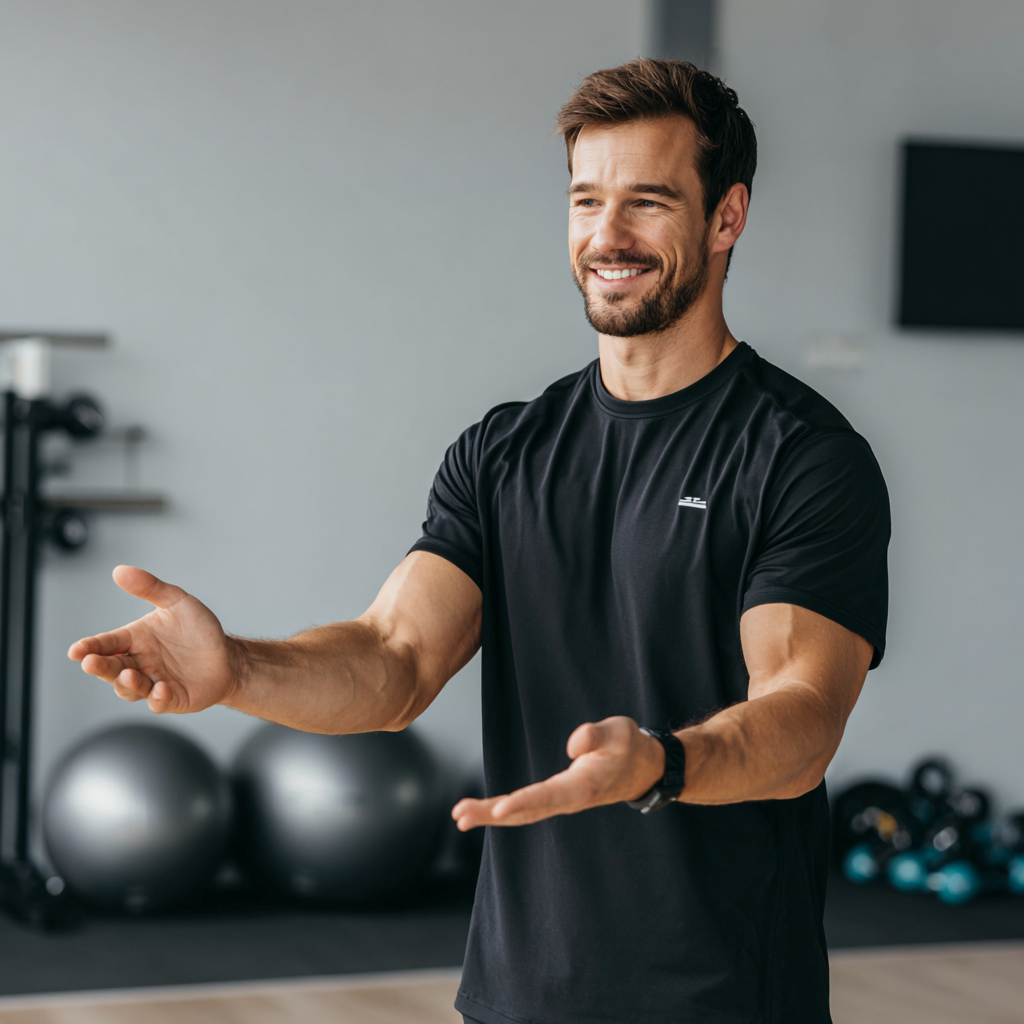 Професійний тренер європейської зовнішності з доброзичливою усмішкою демонструє правильну техніку вправ для суглобів в сучасному світлому приміщенні