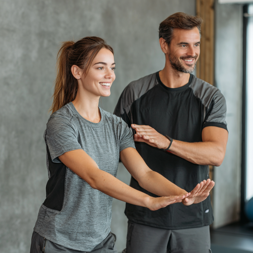 Група людей європейської зовнішності різного віку з усмішками виконують синхронні вправи для суглобів у просторому залі з великими вікнами